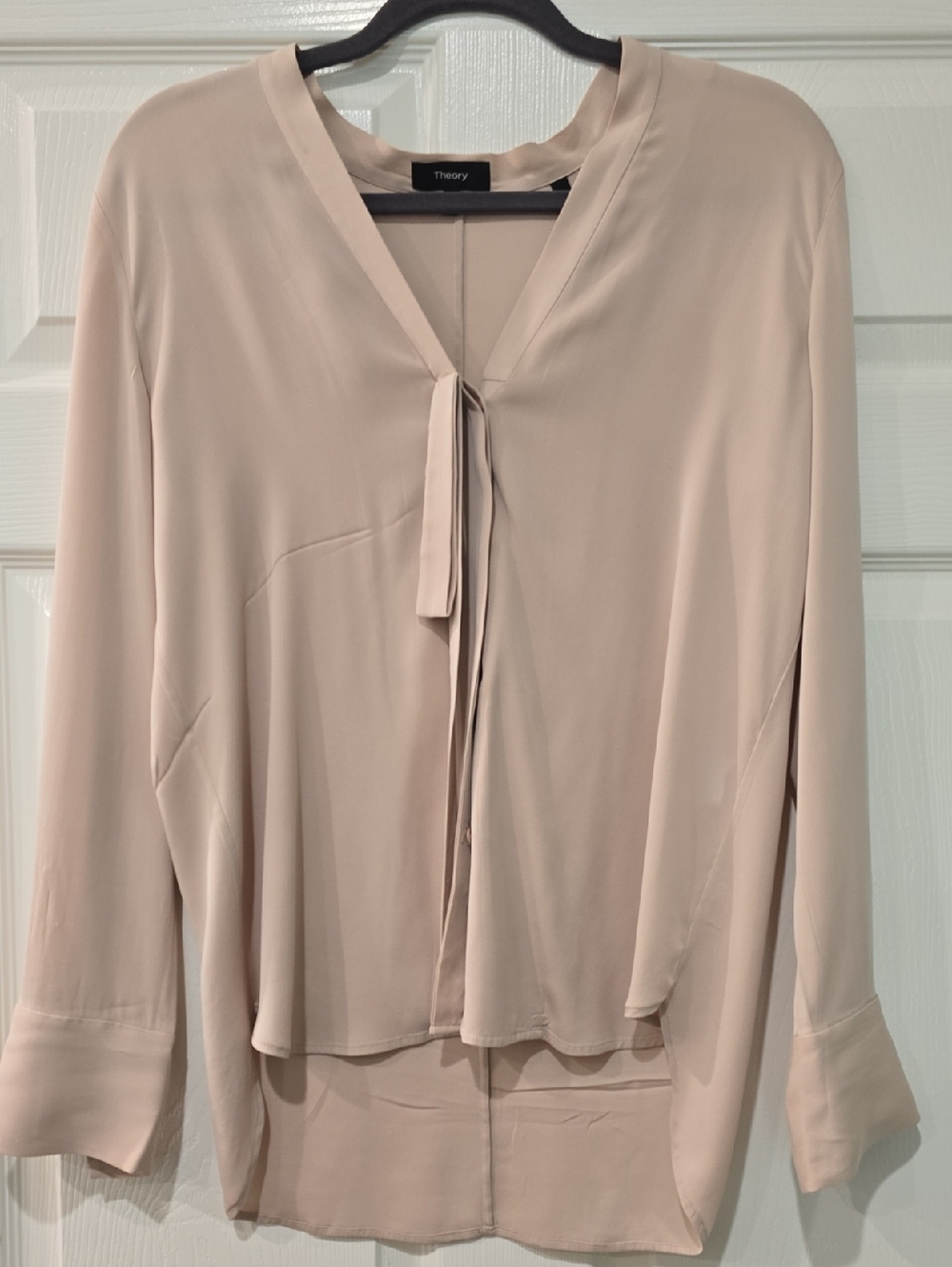 Theory Blush Silk Tie-Neck Modern Long-Sleeve Blouse